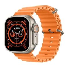 an apple watch is shown with an orange band on the front and side of it