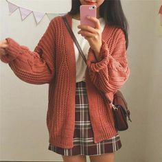 Outfit Ideas Korean Skirts, Outfit Ideas Korean Asian Style, Cable Knit Cardigan, Sweaters Online, Knitting Women Sweater, Autumn Outfit, Autumn Fashion Women, Knit Sweater Cardigan, Cardigans For Women