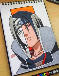 an anime character drawn in colored pencils on top of a notebook with crayons next to it