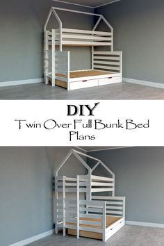 two bunk beds with built in shelves and drawers