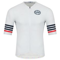 a white jersey with red and blue stripes on the sleeves, which is also available for men