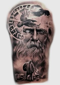 a man with a beard and two birds on his head is shown in this tattoo