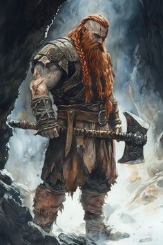 Torvax Runehammer stands sturdy and compact, typical of his dwarven kin. His skin is a deep chestnut brown, weathered and marked with small scars from countless battles. Thick, braided auburn hair cascades back from his head, interwoven with strands of steel-blue. His beard, bushy and adorned with iron beads, contrasts with his sharp, coppery eyes. He carries a massive, rune-inscribed warhammer, i...