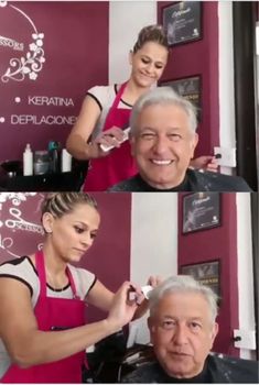 the woman is cutting the man's hair in front of him and smiling at the camera