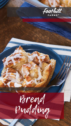 a blue plate topped with bread pudding