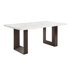 a white marble table with wooden legs