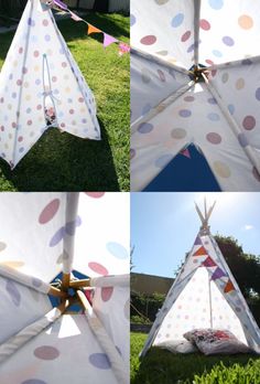 four different views of a teepee tent with polka dots on the top and bottom