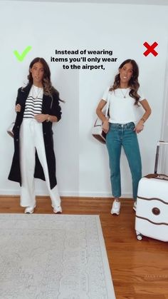 two women standing next to each other with luggage