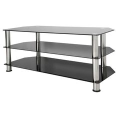 a glass and metal tv stand with three shelves