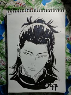 a drawing of an anime character with long hair and piercings on his head is shown