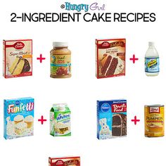 two ingredient cake recipes are shown with the ingredients in each package and on separate boxes