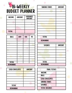 the printable budget planner is shown in pink