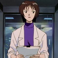 an anime character is holding a bowl in her hands and looking at the camera while wearing a white lab coat