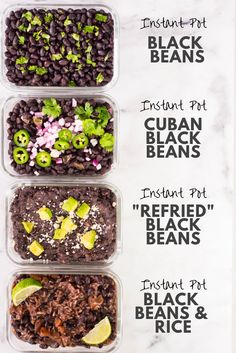 three plastic containers filled with black beans and other foods in them, labeled plant based meals