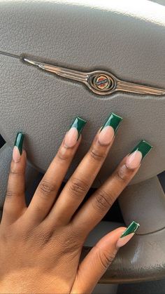 Green And Black French Nails, Emerald Green French Tips Nails, Dark Green French Tips Coffin, Emerald Green Nails Acrylic French Tips, Emerald French Tip Nails Square, Pretty Green Nails Acrylic, Forest Green French Tip Nails Square, Green V Tip Nails