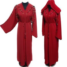 Latest Design Women Open Front Red Abaya Farasha Jalabiya . Brand new. As a result, comes in original plastic wrap with Hijab included. Beautiful material with a premium feel. Exclusive new design Abaya.   Press studs buttons  Comes with a scarf  and belt  Bead Embroidery  Fabric: zoom  Latest new design!  Suitable for easy iron.   Do not tumble dry.  Dry clean  Gentle Hand wash  Suitable for easy iron. Do not tumble try. Suitable for dry-cleaning.   Abayas are known by many names. However, they serve the same purpose: to cover. Other models are usually kaftans, cut from light, flowing fabrics like crepe, georgette, and chiffon. Other known styles are open or closed front. Styles differ from region. Some have embroidery, while others are brightly coloured and have different artwork.  If yo Red Floor-length Dabka Kaftan, Red Long Thobe For Eid, Red Kaftan For Eid, Long Red Kaftan For Eid, Red Dabka Abaya For Eid, Festive Red Abaya With Dabka Detailing, Red Floor-length Abaya With Dabka Embroidery, Traditional Red Long Sleeve Abaya, Festive Red Abaya With Dabka