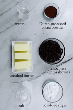 ingredients to make chocolate fudge on a marble counter top