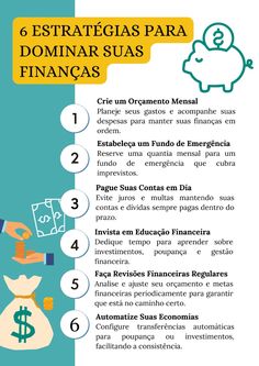 a poster with the words, 6 estrateguas para dominar suas fin