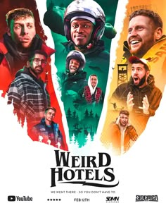 weird hotels movie poster with three men in ski gear and one man wearing a helmet