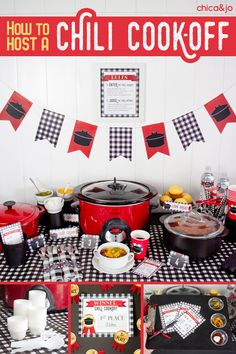 a table topped with lots of food next to a red crock pot and black and white checkered table cloth