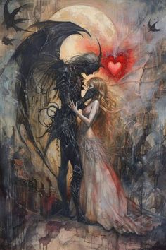 a painting of a couple kissing in front of a full moon with bats flying overhead