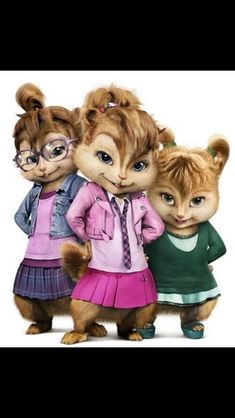 three chipmuns are standing next to each other in dresses and glasses, one is wearing