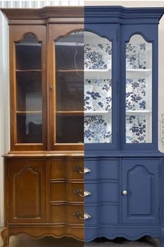 an old china cabinet has been painted blue and then is refreshed with new paint