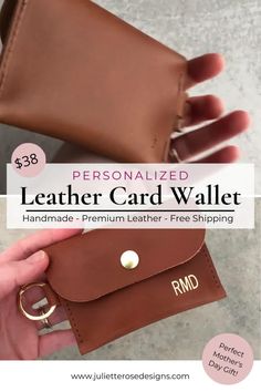 the personalized leather card wallet is being held by someone