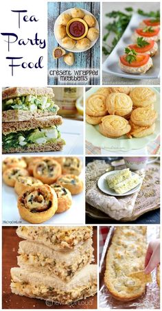 tea party food collage with images of sandwiches and desserts