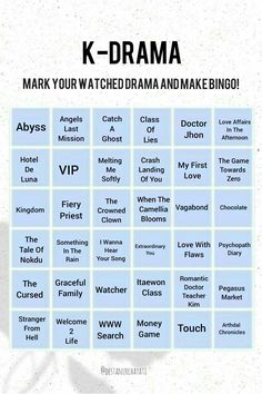 a blue and white poster with words that read k - drama, mark your watchdraama and make bingo