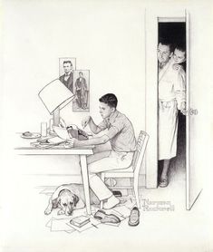 a black and white drawing of a man sitting at a table next to a dog