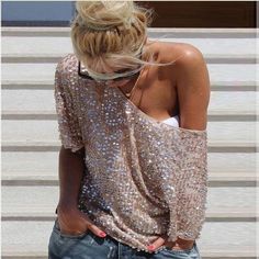 Women Sexy Loose Off Shoulder Sequin Glitter Blouse - TheFashionwiz Glitter Blouse, Fest Outfits, Mode Casual, Casual Summer Shirts, Hippie Outfits, Party Tops, Vintage Streetwear, Sequin Top