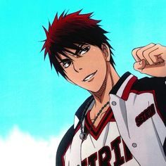 an anime character with red hair and piercings pointing to the side while wearing a baseball uniform