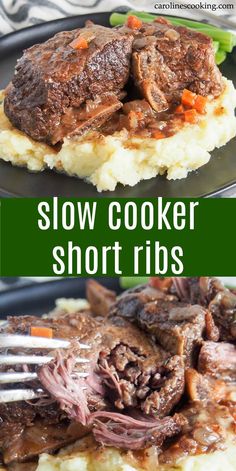 slow cooker short ribs on top of mashed potatoes