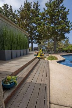 a wooden deck next to a swimming pool with plants on the ground and trees in the background