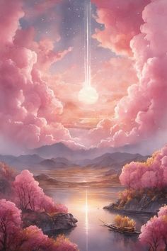 an artistic painting with pink clouds and water