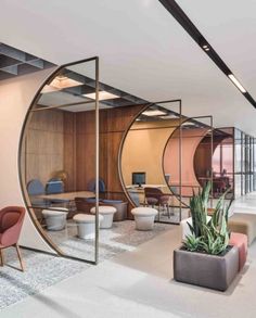 an office with glass partitions and potted plants in the middle of the room