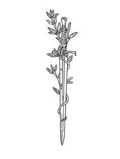 a black and white drawing of a knife with a flower on the end, surrounded by leaves