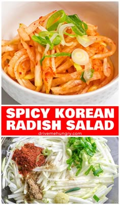 various dishes with the words spicy korean radish salad in red and white letters