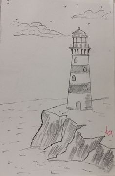 a drawing of a lighthouse on the edge of a cliff