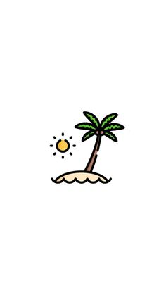 a drawing of a palm tree on top of an island with a ball in the air