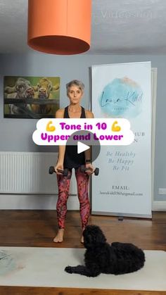 a woman standing in front of a black dog on top of a yoga mat with the caption tone in 10 upper and lower lower lower lower lower lower lower lower lower lower limbs