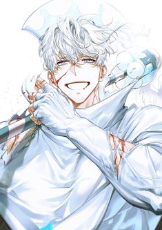 an anime character with white hair and blue eyes is holding his arms around his neck