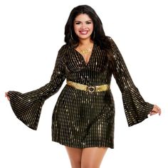 Brand New In Bag With Dress And Belt, But Is Missing The Necklace. Plus Size Disco, Moda Disco, Decades Costumes, Sequin Belt, Outfit Curvy, 70s Costume, Disco Costume, Plus Size Costume, Mini Gold Dress