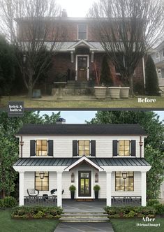 before and after pictures of a white house with black shutters