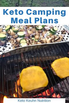 two hamburger patties cooking on the grill with text overlay reading keto camping meal plans