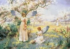 two angels in a field with trees and flowers