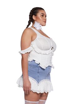 cuz you have a secret admirer. This underbust corset top is fully lined and has structured boning, an underwire bust, eyelet lace details, a side zipper closure, decorative front buttons, and is adorned with a cameo topped with a ribbon on the front. Summer White Underwire Corset, White Fitted Bodice Coquette Corset, White Lace Coquette Corset, Coquette White Lace Corset, White Underbust Bodice With Lace Trim, White Underwire Corset With Lace Trim, White Lace Trim Underwire Corset, White Corset With Underwire And Corset Back, White Lace Overbust Corset