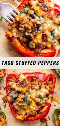 two pictures of stuffed peppers with cheese on top