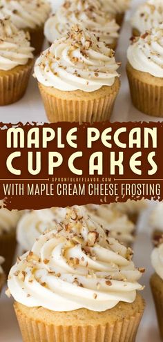 Maple Pecan Cupcakes with Maple Cream Cheese Frosting, fall baking ideas, easy dessert recipes Christmas Cupcake Flavors, Fall Cupcakes Recipes, Fall Baking Ideas, Easy Cupcake Recipe, Maple Cupcakes, Pecan Cupcakes, Maple Desserts, Maple Cream Cheese Frosting